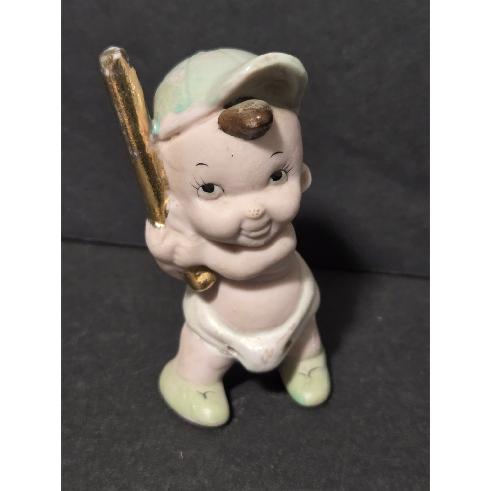RARE Vintage Enesco‎ Imports Baby In Diaper Baseball Bat & Green Shoes Figurine